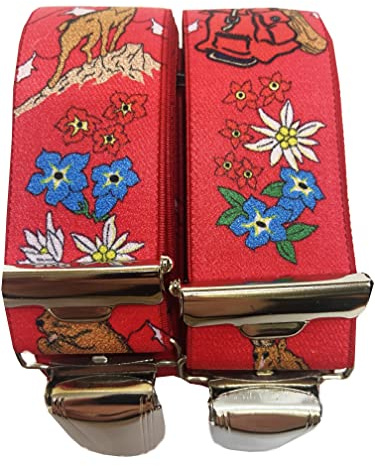 Generisch Hosenträge STEINBOCK EDELWEISS ENZIAN ADLER MURMELTIER JÄGER WANDERER ALPINIST AUSTRIA - ÖSTERREICH 35mm Breit in H-Form mit 4 extra starken Clips/ Murmeltier Rot ST-058