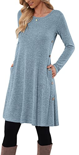 MOLERANI Vestido Tipo Jersey para Mujer Vestido de Manga Larga Vestido Tipo túnica Informal con Botones para Mujer con Bolsillos Azul Claro S