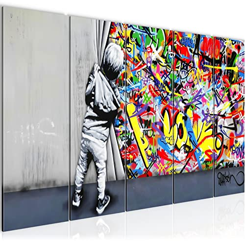 Runa Art Wandbild XXL Boy Behind the curtain Loft Wohnzimmer 200 x 80 cm Bunt 5 Teilig - Made in Germany - 043555a