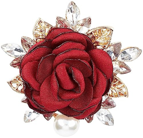 CRASPIRE Broche de Rosa Roja de Tela con Diamantes de Imitación de Cristal, Flor Floral, Broche Decorativo para Vestido para Mujeres Y Hombres, Boda, Banquete Nupcial, Cóctel, Baile, Fiesta