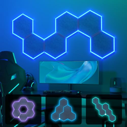 TONOR 6 Pack Self-Adhesive RGB Hexagon Acoustic Absorption Panels, High Density 32x28x1.2cm Sound Proofing Walls Panel, Sound Absorbing Deadening Insulation Treatment Foam Panel for Recording Gaming