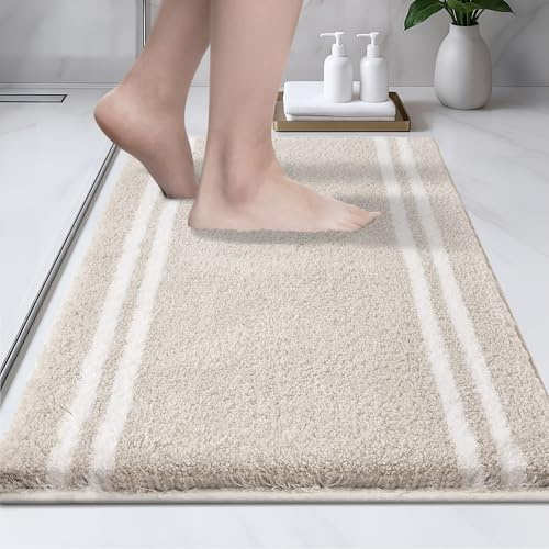 PURRUGS Bathroom Rug Non-Slip Machine Washable 20 x 30, Super Absorbent and Quick Dry Shaggy Microfiber Bath Mat, Extra Soft and Plush Bath Rug for Bathtub, Shower, and Sink, Beige