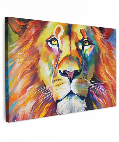 MuchoWow© Leinwand Bilder Groß XXL Wanddeko Wohnzimmer Aesthetic Room Decor | 120x80 cm - Deko Zimmer Wandbilder Modern Fotogeschenke Kunstdruck - Bunt - Löwe - Öl - Kunst - Tiere