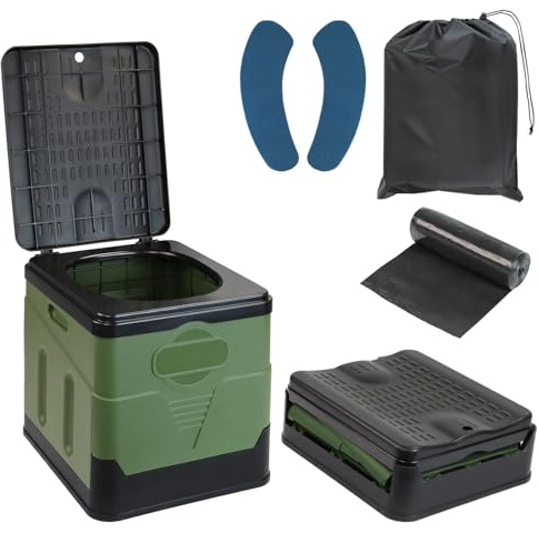 Montafox Bärbar Campingtoalett Hopfällbar Max 150 kg Mobil Toalett WC 12 Toalettpåsar Stabil Camping Fiske Resor - Färg:grün/svart