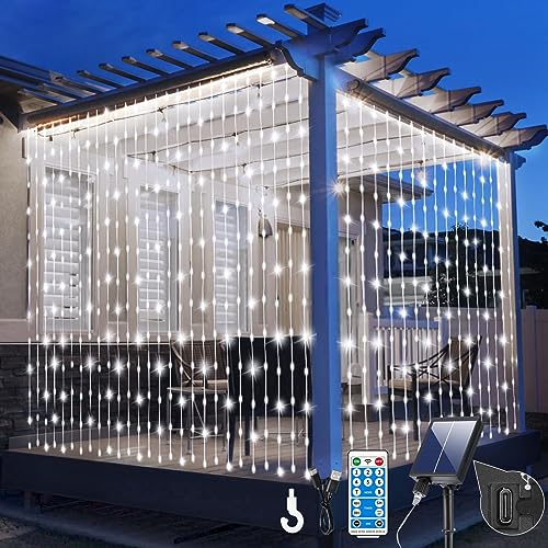 GCMacau Solar Lichtervorhang Aussen 6x3M, 600 LEDs Solar Lichterketten Vorhang, 8 Modi Lichterkettenvorhang Innen Außen mit Fernbedienung Timer und Speicher, USB Aufladung, IP65 Wasserdicht