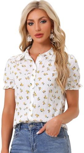 Allegra K Dam, bomull, volang, topp, skjortkrage, blommig blus, Vit gul, M