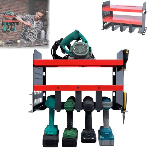 LARS360 Portautensili da parete, avvitatore a batteria, supporto da parete, Power Tool Organizer per 4 utensili elettrici, 3 livelli, organizer in metallo per garage, officina