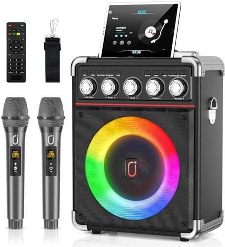 HWWR Karaoke Machine for Adults with 2 UHF Wireless Microphones, Portable Bluetooth Speaker PA System with 5 Adjustment Knobs, Supports Live Stream Port, Vocal Remover, TWS, Gift for Kids, Party Black