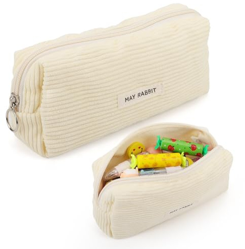 Bomtop Trousse à Crayons Grande Capacité Velours Côtelé - École, Esthétique, Toilette (Beige)