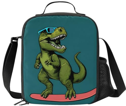 JIMOWANG Skateboarding Dinosaur Insulated Lunch Bag with Shoulder Strap and Bottle Holder Portable Thermal Lunch Container Bag for School Travel Picnic