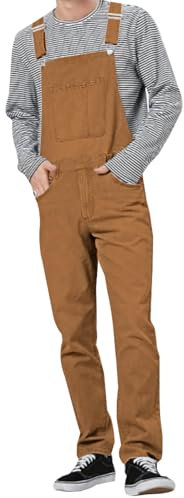 LONGBIDA Men's Denim Bib Overalls Fashion Jean Jumpsuit, Brown, L