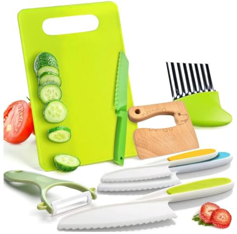 Kindermesser 8er Set - Sichere Messer für Kinder - Kinderbesteck - Kindermesser Set mit Schneidebrett