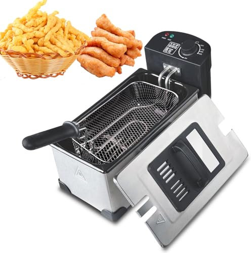 HYQNG Freidora eléctrica pequeña de 3 litros, fácil de Limpiar, freidora eléctrica de 2200 W con Cesta y Tapas, Temperatura Ajustable de 130-190 °C, Cesta de Aceite extraíble, freidora de virutas