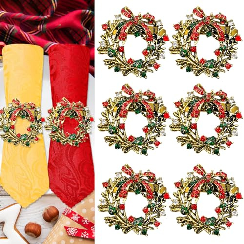 Serviettenringe Weihnachten 6 Stück, FUKPO Serviettenhalter Weihnachten Gold mit Rot, Grün und Silber Strasssteine Weihnachtstisch Deko, Napkin Rings Christmas Servietten Ring Weihnachts Tischdeko