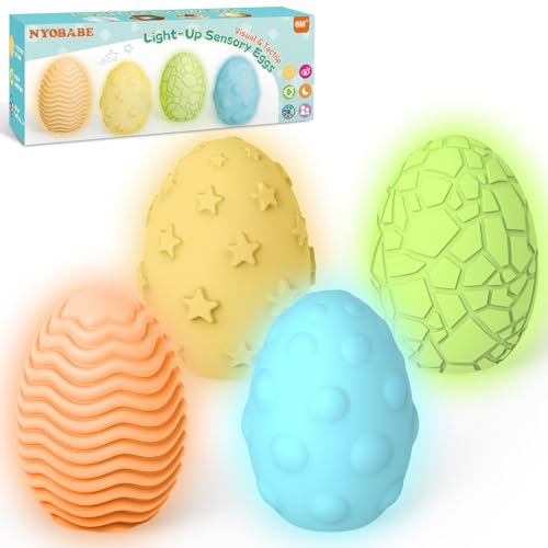 NYOBABE 4-Stück Dekompression Sensorik Spielzeug, Bunt Leuchtende Eier mit 4 Texturen und Beruhigend Lichteffekten, Kinder Entspannungshilfen, Stressabbau Autismus Spielzeug für 3+ Kinder
