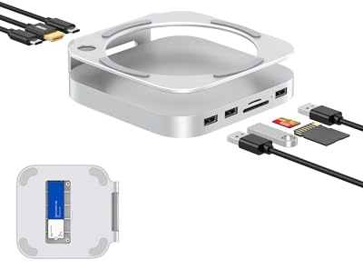 GEWOKLIY Mac mini M4 Dock, Aluminium-Ständer und Hub für Mac mini M4 und M4 Pro mit M.2 NVMe SSD-Gehäuse, 4K 60Hz HDMI, 2 x USB-A 10 Gbit/s, SD/TF-Kartenleser, USB 2.0 Daten