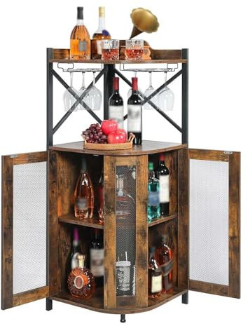 Moderner Eck-Barschrank mit Netztüren, Weinschrank mit Glashaltern, rutschfestes Display-Rack, verstellbares Regal und Anti-Kipp-Geräte, ideal für Küche, Wohnzimmer, Esszimmer, Hausbar oder