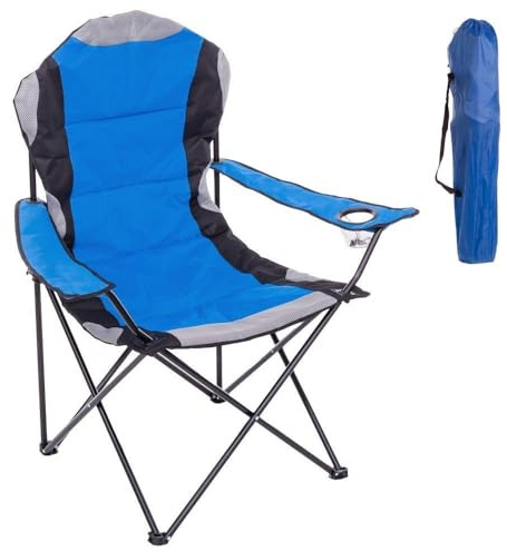 LOLAhome Silla Playa Camping Pesca y Caza Acolchada Plegable Cierre Tijera Estructura Acero con Epoxi anticorrosión y Tejido Oxford Azul, portavasos y Bolsa de Transporte