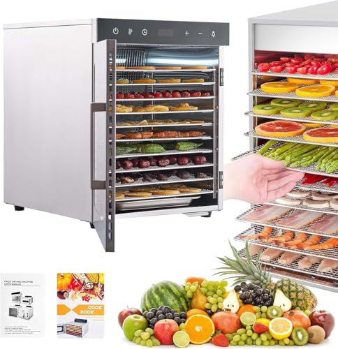 XINRISHENG Deshidratador de Alimentos, 10 bandejas de Acero Inoxidable Deshidratadores comerciales, secador de Alimentos eléctrico de 800 W para cecina de Frutas