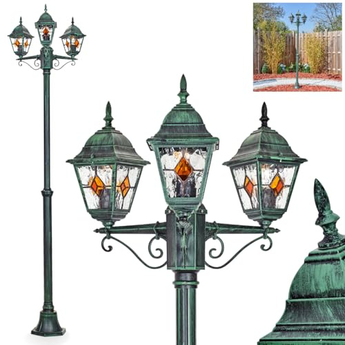HOFSTEIN Kandelaber Naofe, Außenwegeleuchte aus Metall/Glas in Grün/Schwarz/Klar/Orange, Wegebeleuchtung 220 cm, 3 x E27, IP44, Wegeleuchte im Vintage-Design für Garten, Außenbereich, Hof