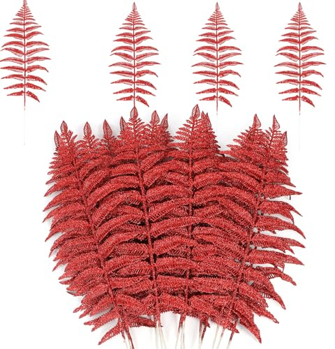 MWOOT 16 Pezzi Foglie di Natale Artificiale Glitterate, Finti Foglie Tropicali Natalizio, Rami di Piante Rosso per Fai Da Te Ghirlanda Albero di Natale Bouquet di Nozze Casa Giardino Decorazione
