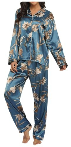 Pigiama da donna lungo in raso, set di pigiameria, 2 pezzi, a maniche lunghe, camicia da notte e pantaloni lounge, in seta, morbido, per la casa, caldo inverno
