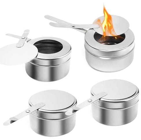 Biigdan 4 Stück Edelstahl Spirituskocher mit Deckel, Abnehmbar Brennpastenbehälter, Tragbar Fondue Brennpaste, Brennpaste für Warmhaltebehälter, Spiritusbrenner für Buffet, Hot Pot, Camping, Wandern