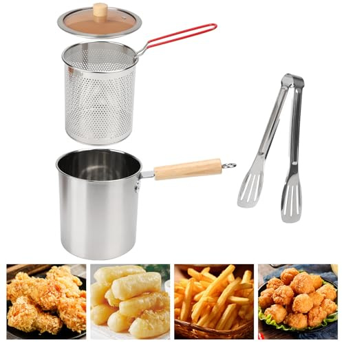 Les-Theresa Olla de acero de 3000 ml, olla de freír profunda con cesta y tapa, olla de filtro de aceite de cocina, olla colador de aceite de cocina con clip para estufa, freidora profunda para
