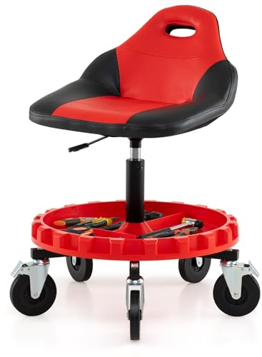 GYMAX Tabouret d'Atelier pour Mécanicien, Siège Rembourré Pivotant, Hauteur Réglable 71-83cm, Plateau pour Outils, 5 Roues Universelles Verouillables, pour Garage, Réparation, Charge 150 kg
