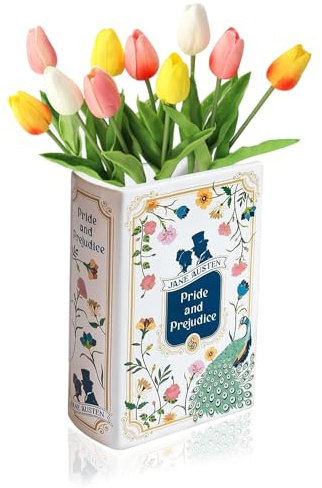 RNPKZ Ceramic Book Vase for Flower, Small Book Shaped Decorative Vase, Aesthetic Book Flower Vase, Vintage Unique Book Shaped Vase for Bookshelf Dcor Room Home Book Lovers Gifts (Pride and Prejudice)