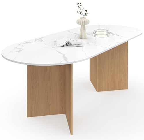 IDMarket – Mesa de comedor extensible ovalada Marthe 6-10 personas, bandeja de mármol blanco Alaska y madera de haya, 160-200 cm