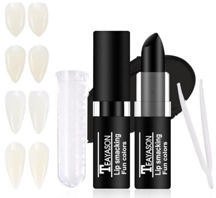 PASNOWFU Halloween for Vampire Fake Teeth Set - Professional for Vampire Makeup Kit with 4 Pairs Fangs, Black Lipstick, Dental Adhesive for Halloween Cosplay SFX Makeup, Costume Parties, Theater