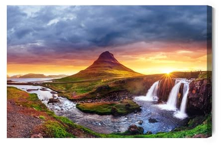 WALLERO Leinwandbild Isländische Wasserfälle bei Sonnenuntergang – Moderne Wanddeko & Kunstdruck | Wandbilder für Wohnzimmer Schlafzimmer Küche Flur | XXL Leinwandbilder 120x80