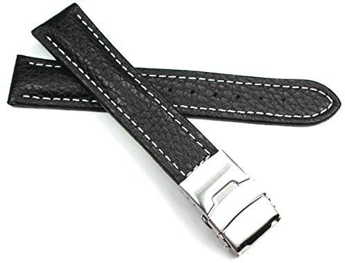Sulla 20mm Herren Leder Uhrenarmband mit Edelstahl Faltschließe schwarz weiße Naht