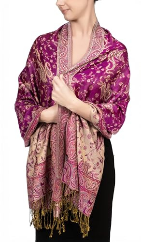 Achillea Sciarpa pashmina reversibile con motivo cachemire, scialli esotici indiani e stole per abiti da sera, festival, rave, per tutte le stagioni, Viola brillante., 28W x 76L