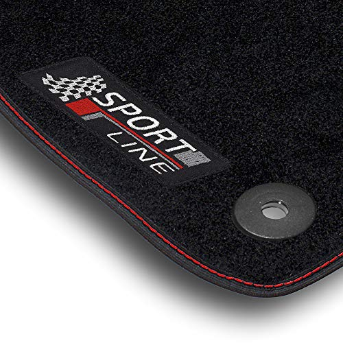 Bär-AfC Auto Fußmatten Sport Line passend für VW Golf 4 / 1J 1997-2003 BEF rund, Autoteppiche Nadelvlies Schwarz, Bandeinfassung mit Roter Ziernaht, Stick Rot & Grau, Set 4-teilig, VW04159