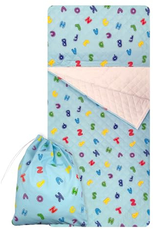 Set Asilo, Sacco nanna e sacchetto per Bimbo e Bimba da 2 a 6 Anni - Tessuto Trapuntato 100% Cotone Letterine Azzurre Copertina Asilo