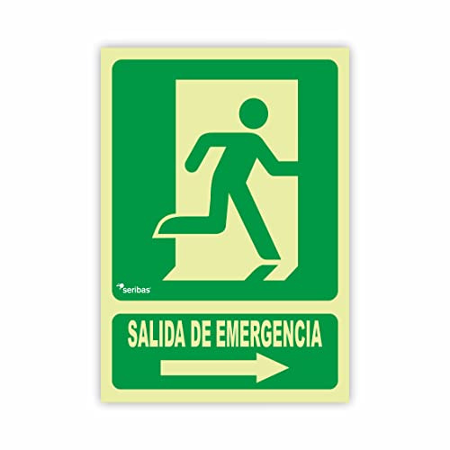 Seribas Señal Evacuación Salida de Emergencia Derecha, Cartel de PVC 0,7 mm 22,4 x 30 cm Tinta y Material Resistente Interiores y Exteriores