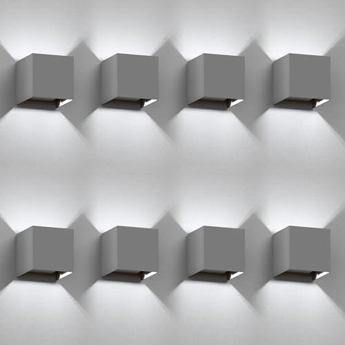 ledscom.de 8x Wandleuchte CUBEL für außen, grau, IP65, Up & Downlight, quadratisch + LED Lampe 596lm, weiß