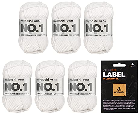 myboshi No.1 Wolle zum Häkeln und Stricken, Schnellstrickgarn, inkl. Label, Strickwolle, Häkelwolle, mulesing-frei, Ll. 55m /50g, 30% Wolle (Merinowolle) Weiß (Weiß), 6 Knäuel