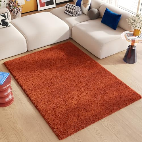 TAPISO Essence Teppich Hochflor Langflor Shaggy Ziegelrot Rechteckig Super Weich Felloptik Schlafzimmer Wohnzimmer ÖKO-TEX 140 x 200 cm