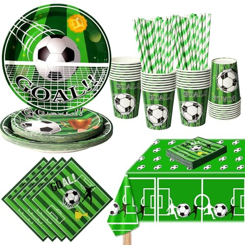 PYAILI Decorazioni per feste di calcio per 20 ospiti, set da tavola include piatti di carta da calcio, per tema sportivo festa di compleanno, baby shower decorazioni per feste