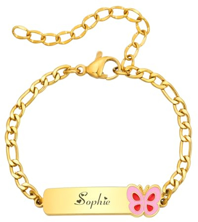 Gamtic Bracelet Personnalisé Filles Enfant Bébé, Bracelet Prénom Mignon Chaîne Figaro Réglable Bracelet Enfants Bracelet Garçon Bracelet Fille Bracelet Bébé Bracelets Cadeaux De Baptême (1.Papillon)