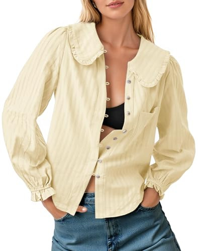 Tankaneo Womens Peter Pan Collar Shirts Puff Long Sleeve Button Down Cotton Blouse Casual Fall Textured Tops Beige