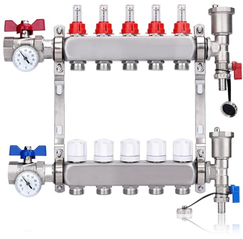 5 circuits de chauffage avec robinets sphériques de 2,5 cm et thermomètre en acier inoxydable