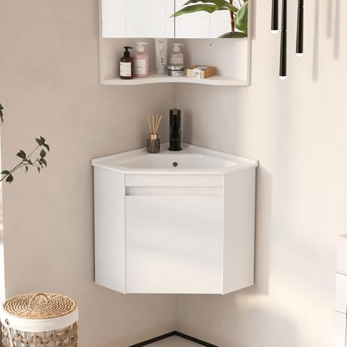 Mepplzian Corner Bathroom Vanity Sink Cabinet 24, Wall Mount Floating for Small Bathroom, White Ceramic Top (Faucet Not Included) (Flat Panel)