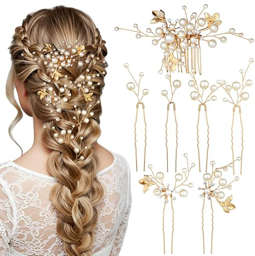 7 Stück Braut Haarschmuck Hochzeit Gold Hair Comb Perlen U-Förmige Haarnadeln mit Strass Blätter Hair Pins for Women Chinesische Haarnadel Brautschmuck Haare Eleganz Haargabel Hairpin Haarstab