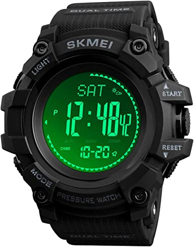 Mens Outdoor Sports Army Watches Pedometer Calories Digital Watch Altimeter Barometer Compass Thermometer Weather Men Watch (Black), Black, Chronograph,Digital