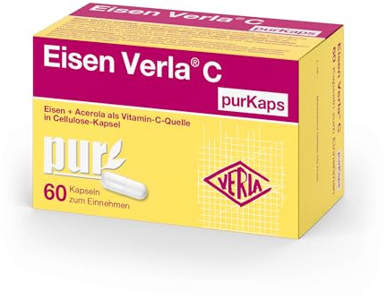 Eisen Verla C purKaps – Möglichst pur für die tägliche Eisenversorgung, 10 mg Eisen + 80 mg Vitamin C bei erhöhtem Eisenbedarf, frei von Süßungsmitteln, glutenfrei und ohne Lactose, 60 St