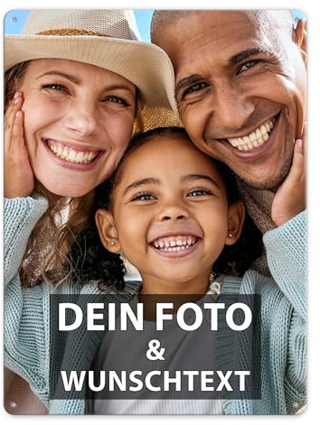 Blech-Schild mit Foto und Text selbst gestalten/Personalisierbar mit eigenem Bild als Metall-Poster / A3 (30x40cm) im Hochformat/Weiss